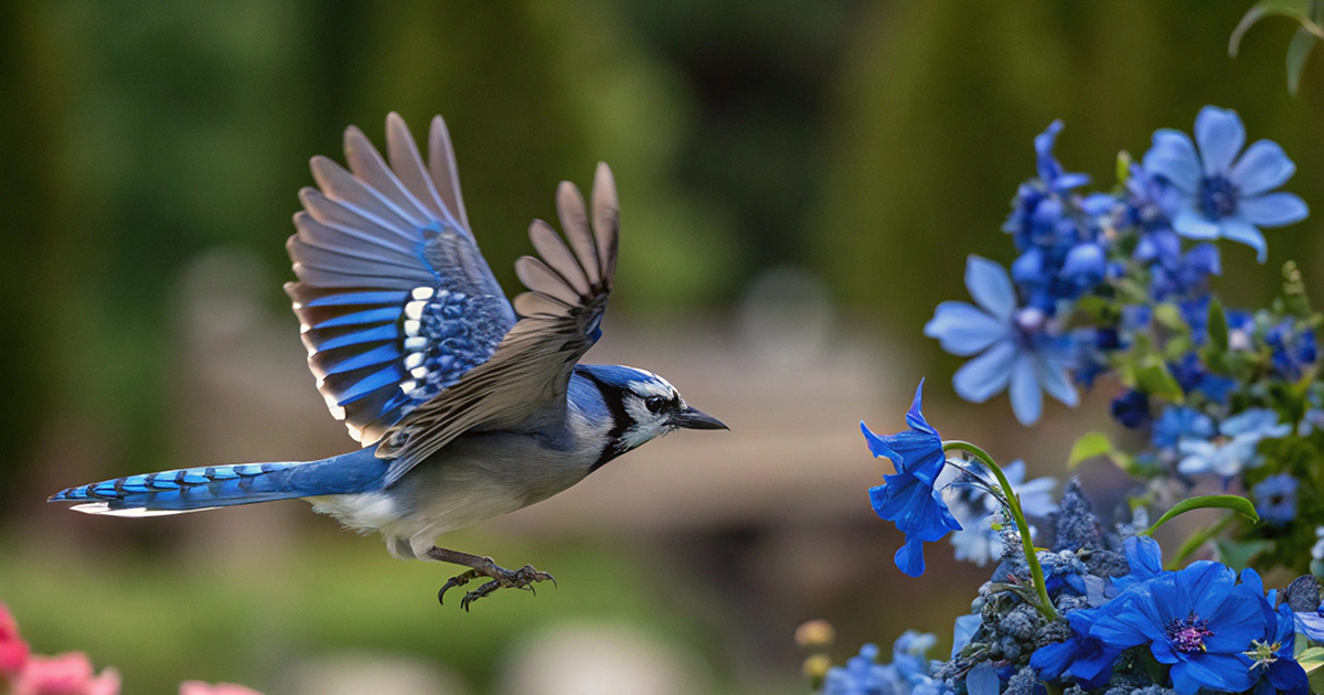 Blue Jay flying in summer garden through pink and red roses and blue flowers.